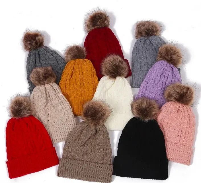 Cable Knit Beanie with Pom-pom
