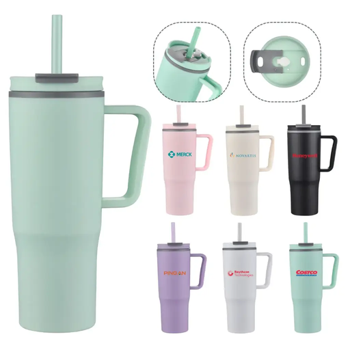 [LS-130C] 30oz Double wall plastic travel mug with handle and straw