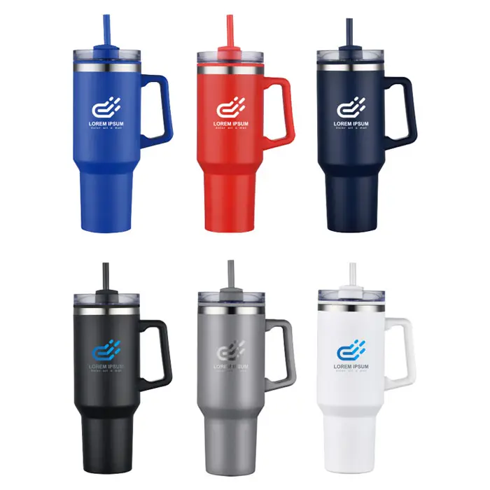 40oz Double wall Insulated travel mug with handle and straw. PP liner, SS outer with painting