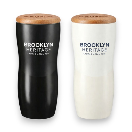 [LS-828] 12oz Double wall ceramic tumbler with wood lid, Cozy ceramic tumbler with matte &  shiny contract on the body