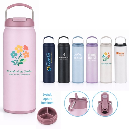 [LS-117] 24oz Vacuum Insulated Stainless Steel Bottle with Handle & Dual Lid