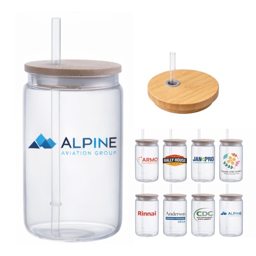 [LS-G103] 18oz Eco Glass Tumbler with Bamboo Lid and Plastic Straw